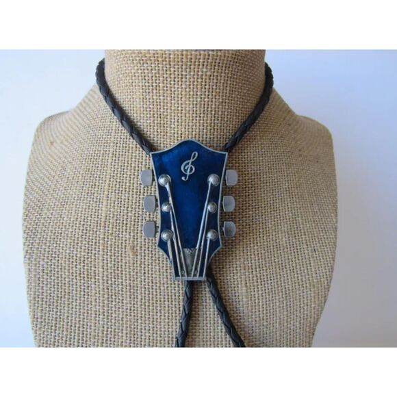 Blue & Silver Texas Western Cowboy Guitar Neck Bollo Tie - Braided Cord - Picture 2 of 4